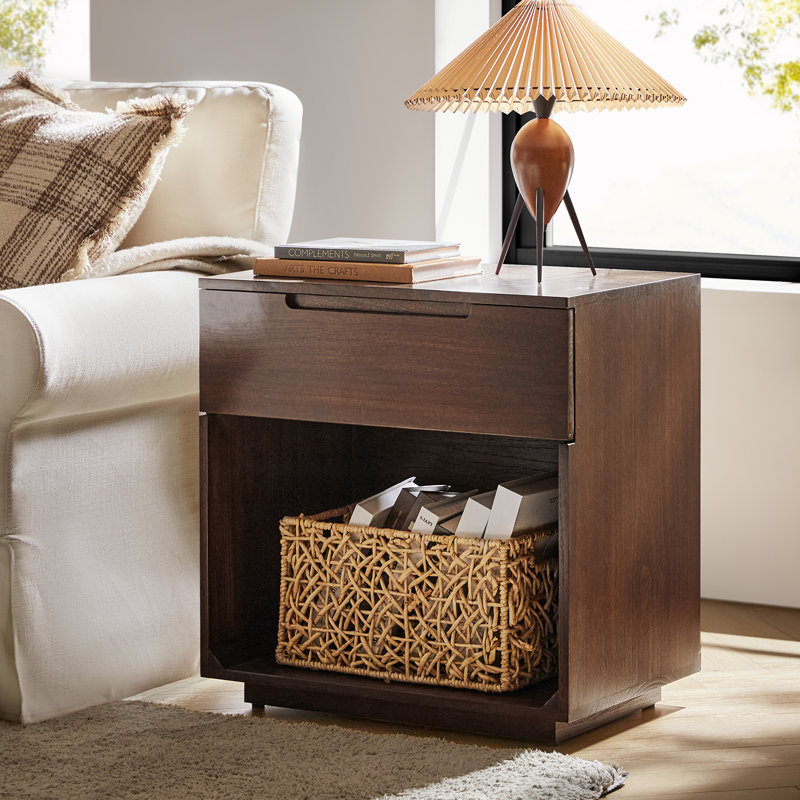 Wallburg Modern 1-Drawer Solid Wood End Table Fully Assembled and Built-In Outlet, Walnut