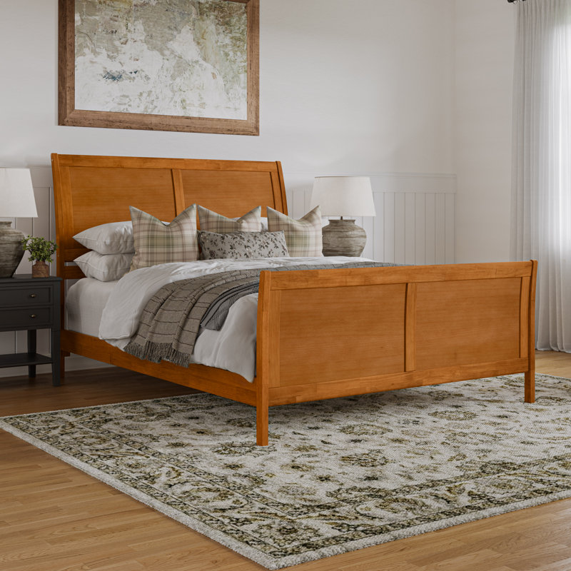  Lit plateforme bas Portland avec pied de lit assorti Portland, Caramel clair, Grand