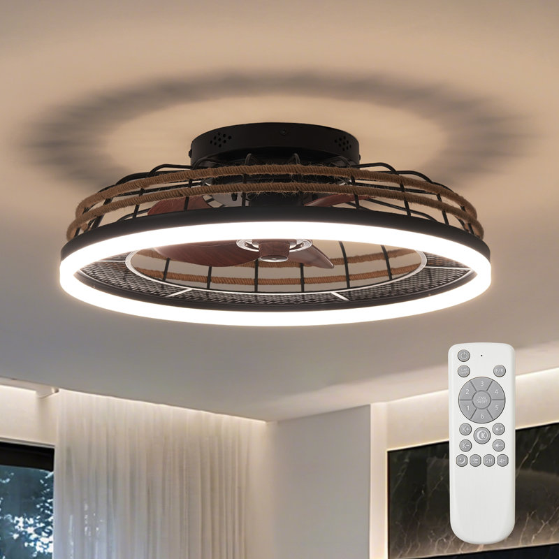 19.7" Dimmable Boho Caged Flush Mount LED Fan Light with Remote Control, 3 Color Temperatures Selectable