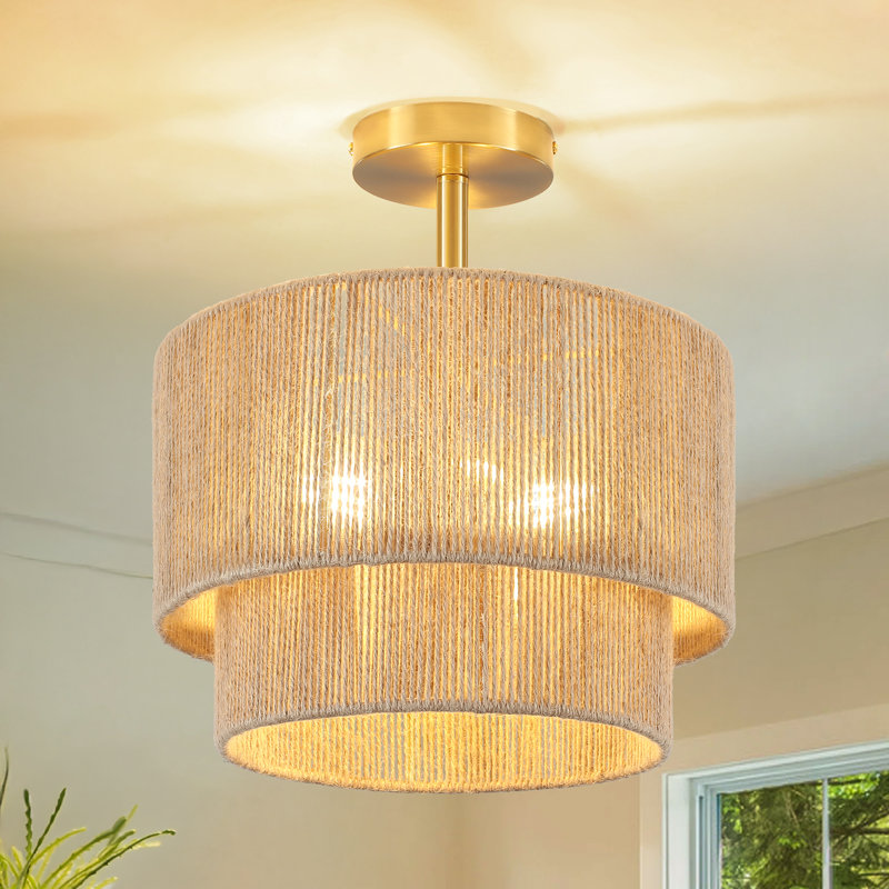 Plafonnier 3 lumières Boho, plafonnier semi-encastré en rotin avec abat-jour à 2 niveaux, tambour rustique tissé à la main pour couloir, cuisine, vestibule, ferme, chambre à coucher