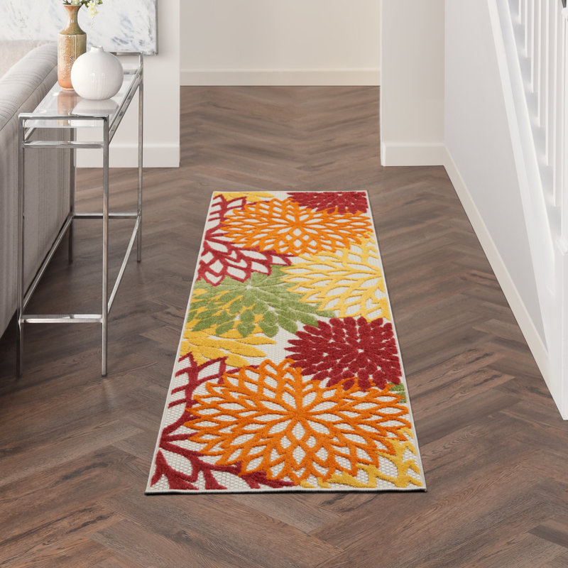Tapis rouge à motif floral Newton, Tapis de couloir 2 pi 3 po x 8 pi