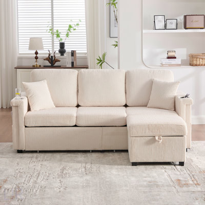Canapé modulaire en L avec rangement coulissant, repose-pieds et oreillers, chargement USB, porte-gobelet, conception convertible pour le salon et l’appartement, tissu en velours côtelé