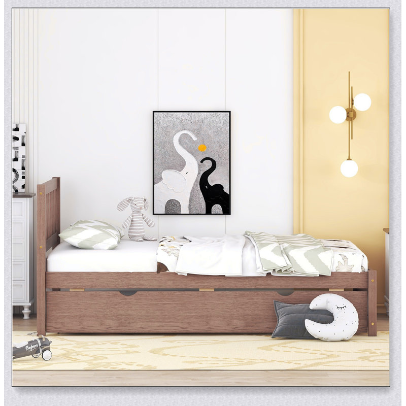 Structure de lit plateforme moderne en bois avec lit gigogne, Noyer