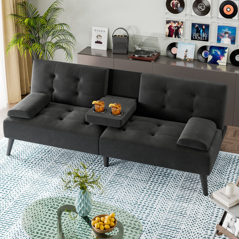 Aldiana 64.2" Convertible Futon Upholstered Sofa Bed, Black Velvet