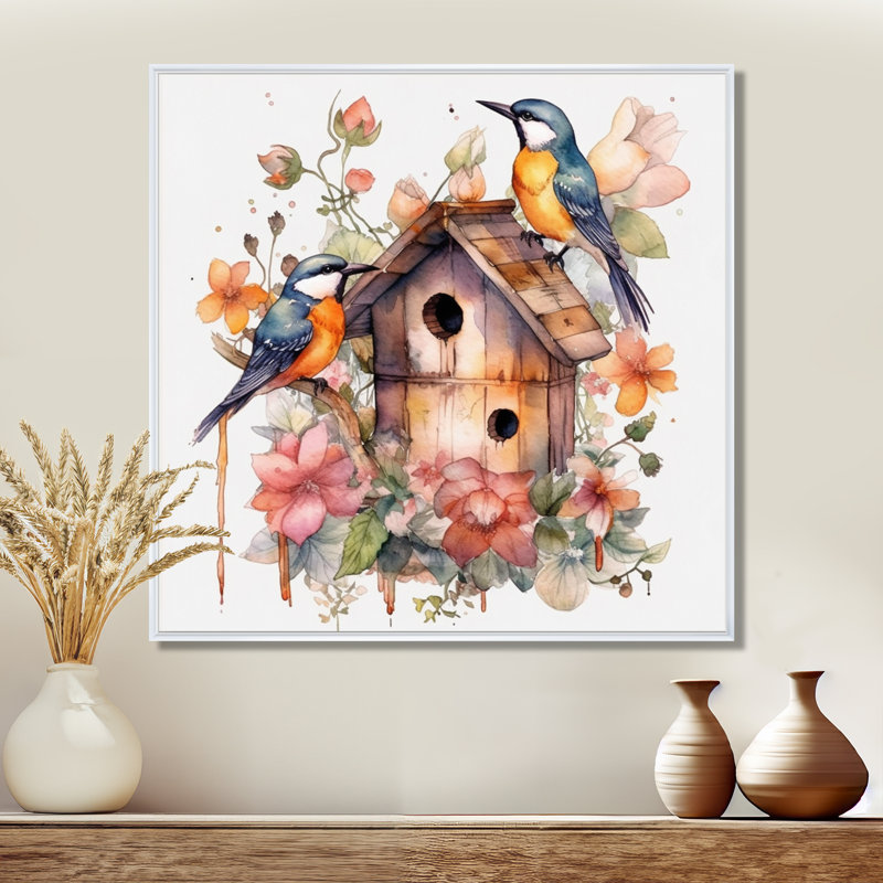 «Birds On A Birdhouse», reproduction sur toile, H 30 po x l 30 po, Cadre flottant blanc