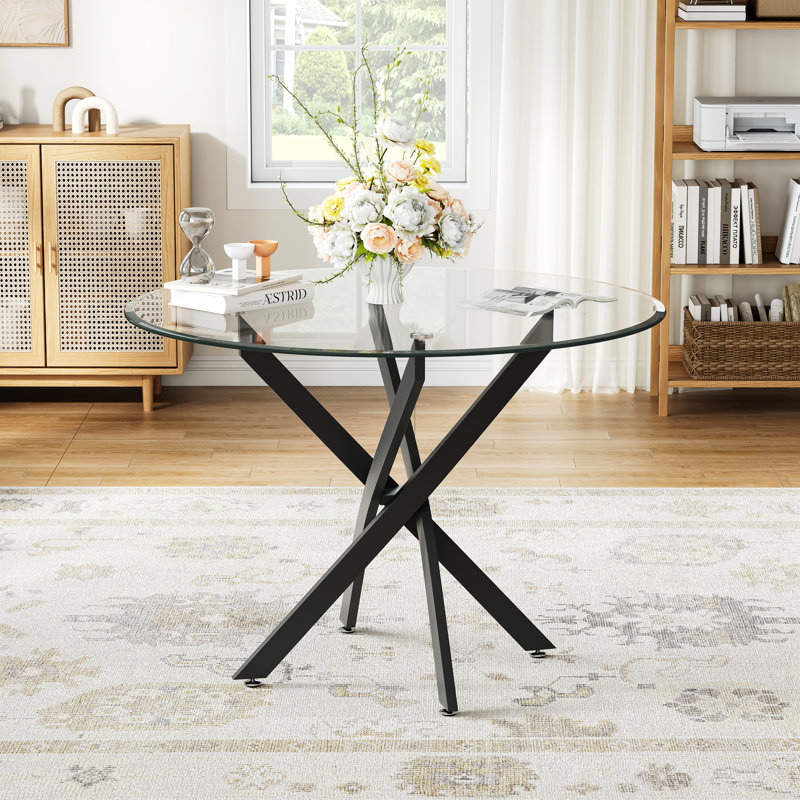 5-Piece Dining Table Set, 36" Round Tempered Glass Table And 4 Tufted Velvet Upholstered Chairs With Nailhead Trim And Pull Ring