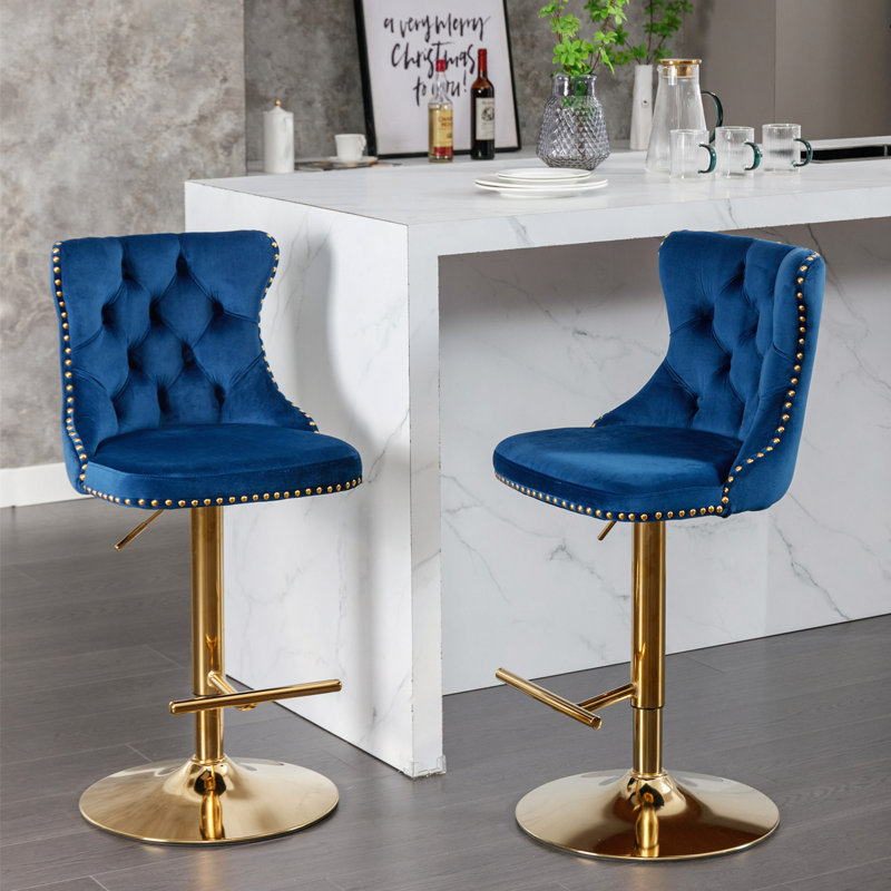Tabourets de bar pivotants en velours d'une hauteur de siège réglable de 25 à 33 po, tabourets de bar rembourrés avec dossier capitonné confortable pour un pub à domicile et un îlot de cuisine, ensemble de 2