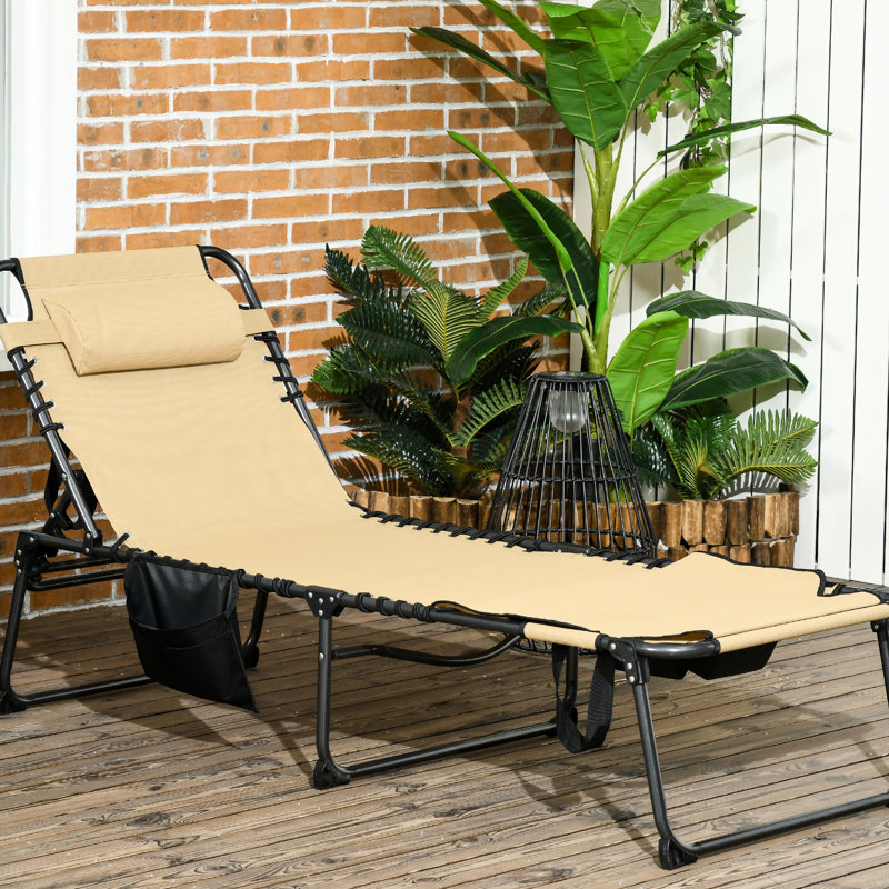 Beige Outdoor Chair With 5 Reclining Angles, , Pocket, Foldable, For Patio, Beach Lounge Chair, Recline Options, Face Hole, Side Beige, Yard