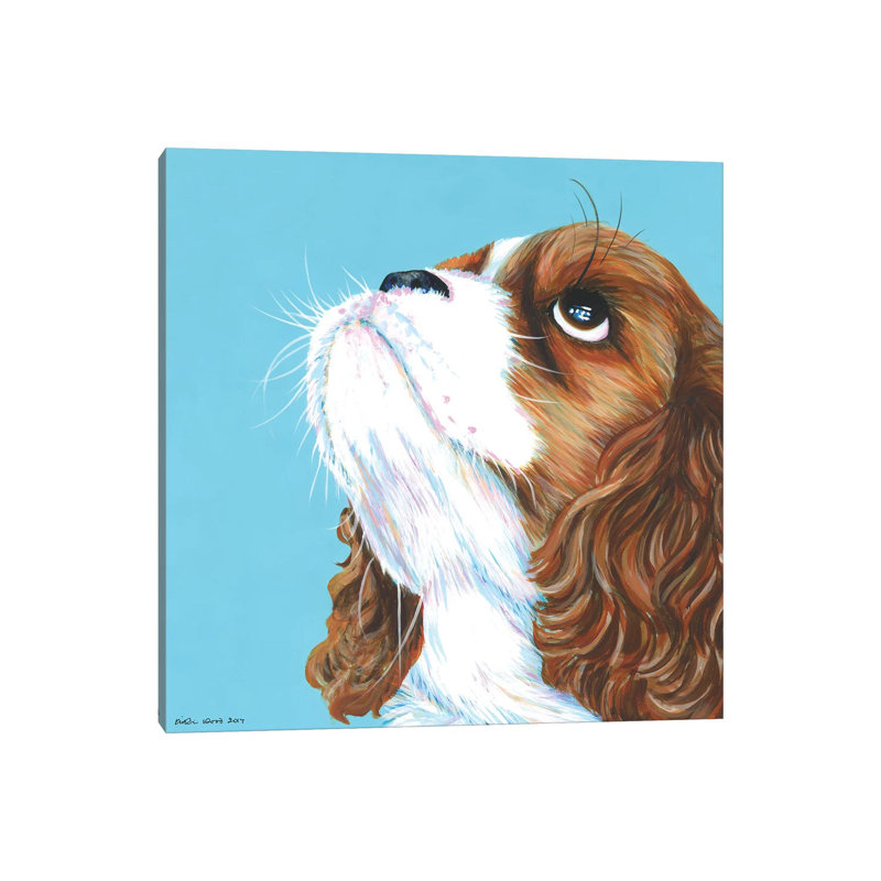 King Charles Cavalier On Aqua, Square by Kirstin Wood - Painting on Canvas, 93.98 cm H x 93.98 cm W x 1.91 cm D