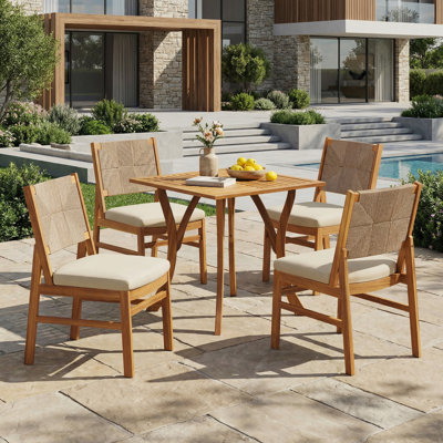 Ensemble de salle à manger d'extérieur 5 pièces en bois d'acacia, table carrée avec 4 chaises, finition en teck avec coussins crème et dossiers en osier brun clair