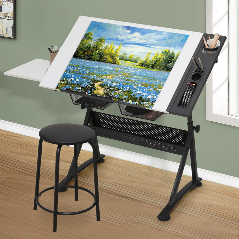Craft and Drawing Table Workstation with Stool, Drafting Table with Slide-Out Tabletop and Drawers