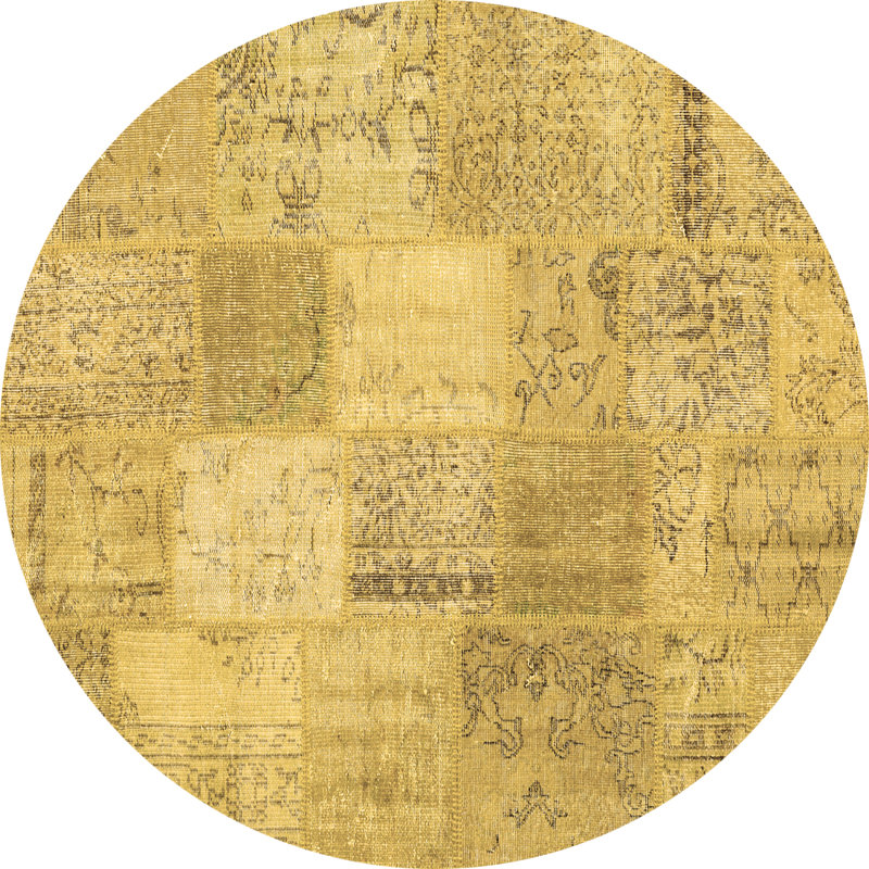 Tapis brun / gris en laine et polyester tissé à la machine Patchwork, Rond 8 pi