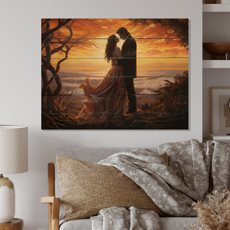 Haberfield, couple romantique, paysage, étreinte lumineuse sur bois, H 30 po x l 40 po x P 0,78 po