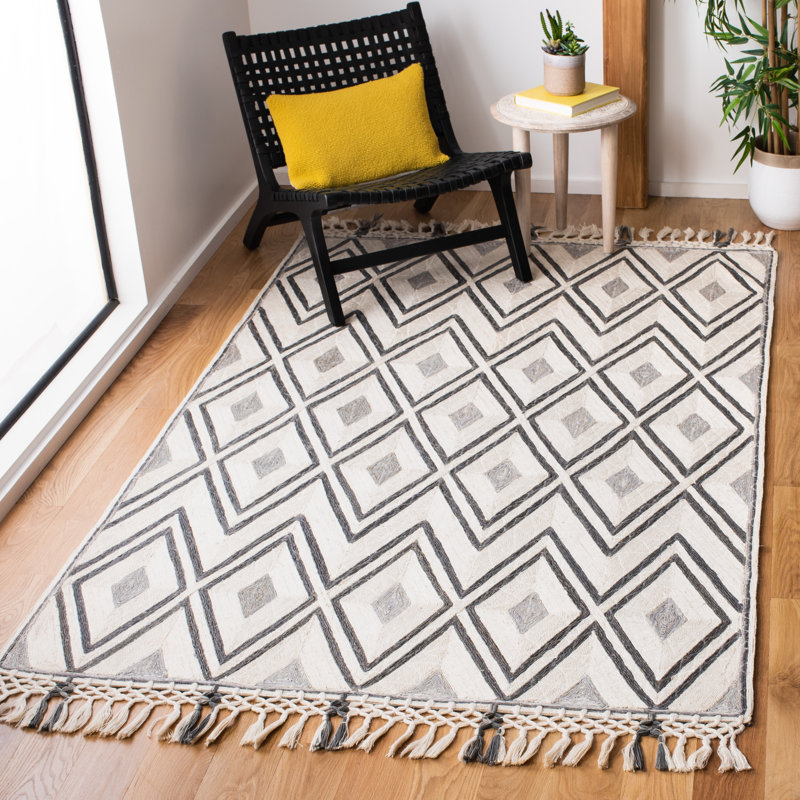 Tapis ivoire / gris touffeté à la main Gaetana, Rectangle 6 pi x 9 pi