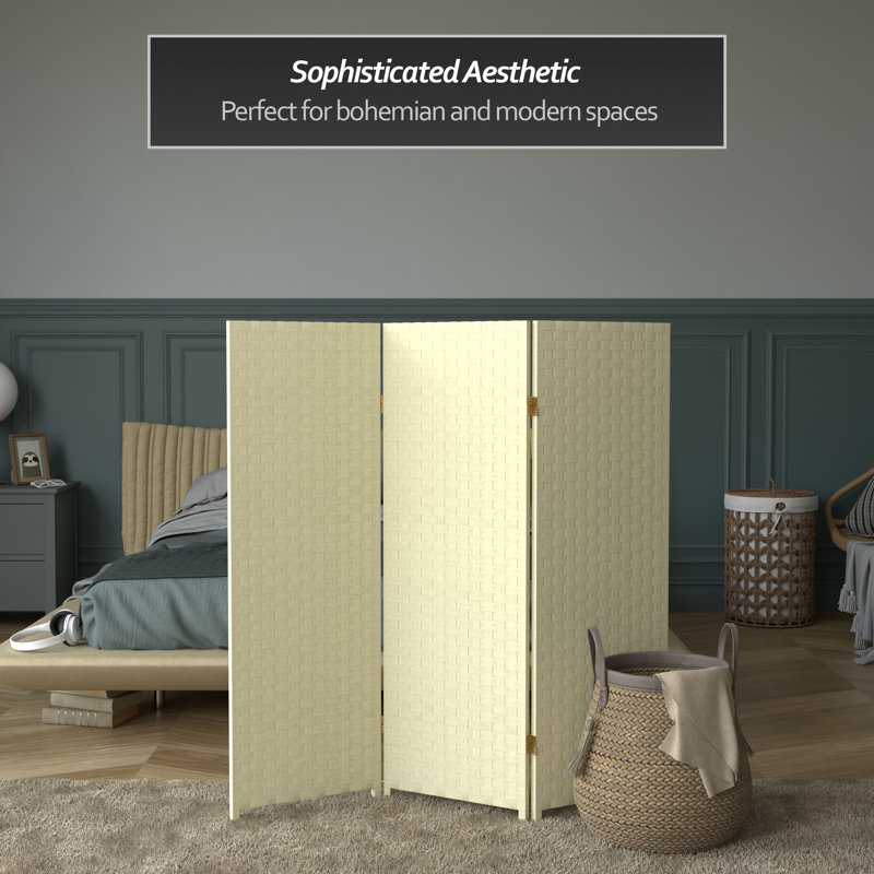 Amitis 7 Ft. Tall Woven Fiber Folding Room Divider, White, 84'' H x 156'' W x 1'' D, 8