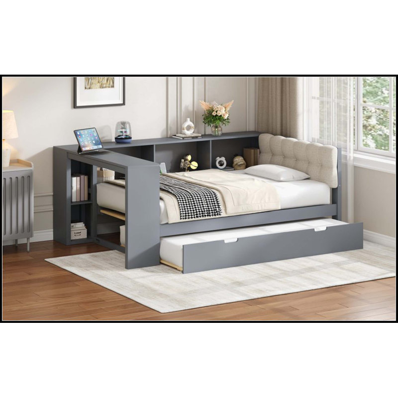 Wood Twin Size Platform Bed With Storage Shelves, Trundle, Charging Station And Upholstered Headboard, Gray, Gray, Twin