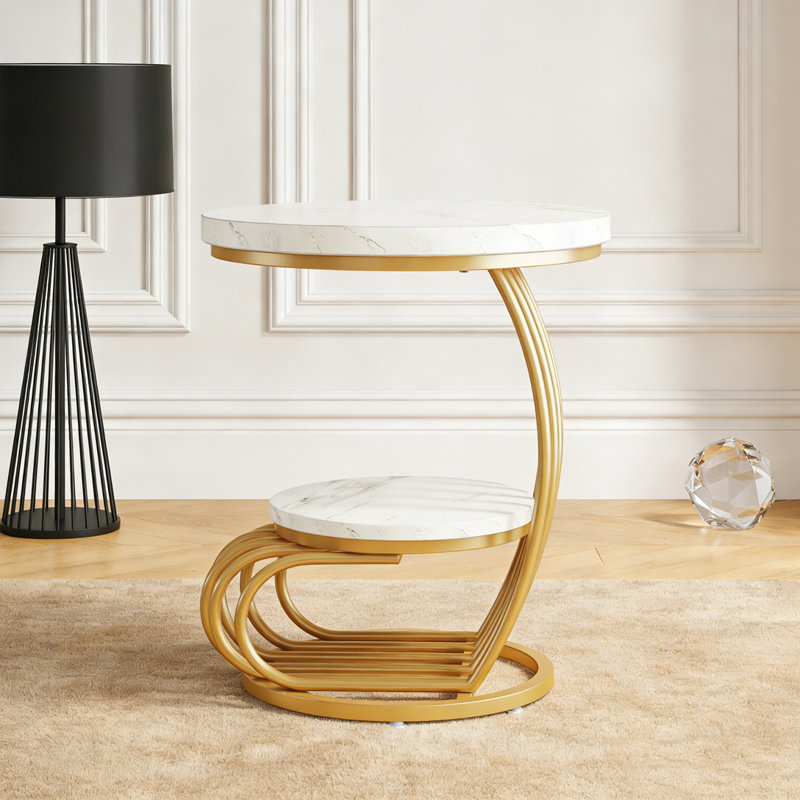 Table d'appoint à 2 niveaux en faux marbre avec tablette de rangement, Blanc et or