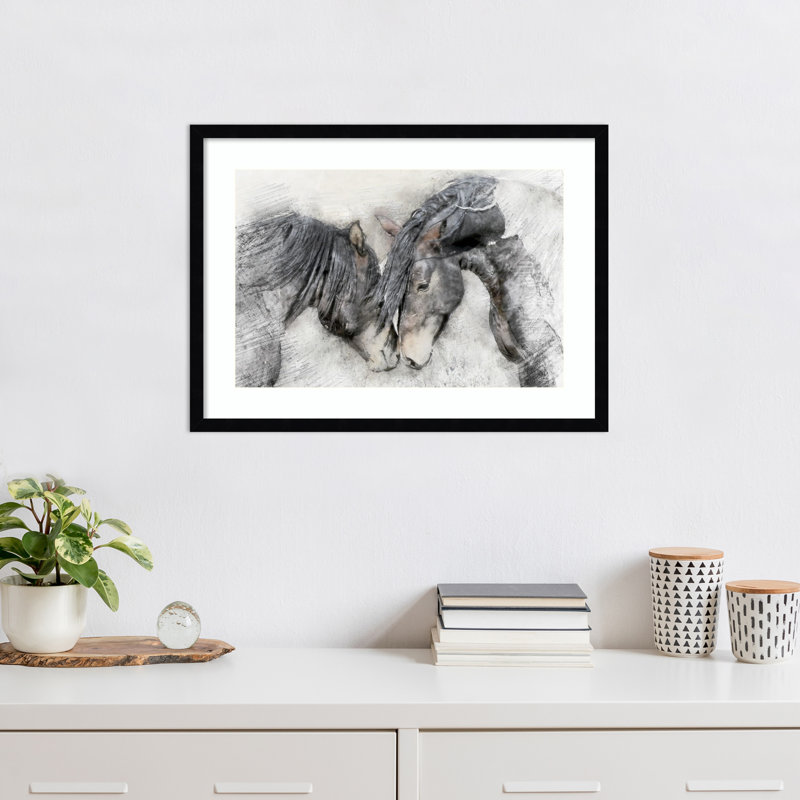 «Equine Friendship» par Kim Curationa, reproduction d'art encadrée sur bois, H 19 po x l 25 po