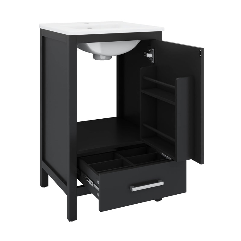 Meuble-lavabo moderne avec lavabo en céramique, organisateur de porte double couche, tiroir de séparation, patins réglables