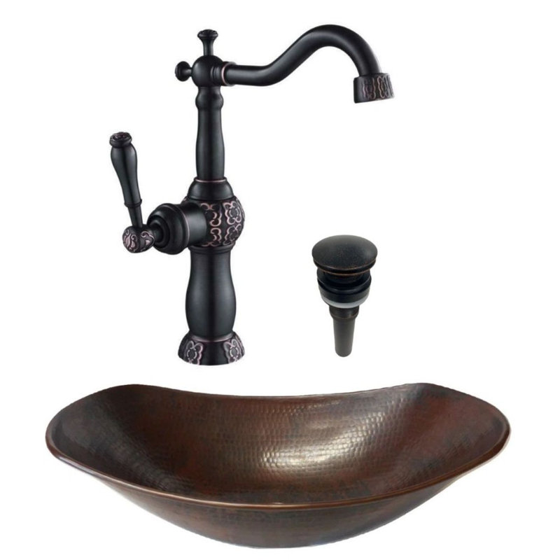 17" Oval Sleigh Copper Vessel Bathroom Sink, Faucet Included