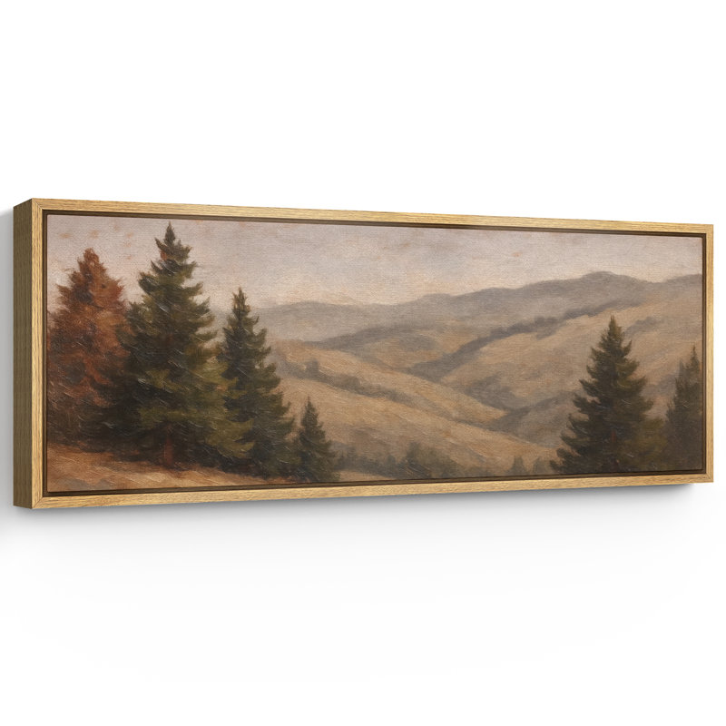 Vintage Pine Tree Mountain Landscape Artwork Extra Large Pictures Framed Canvas Print Wall Art, 20" H x 60" W, Natural