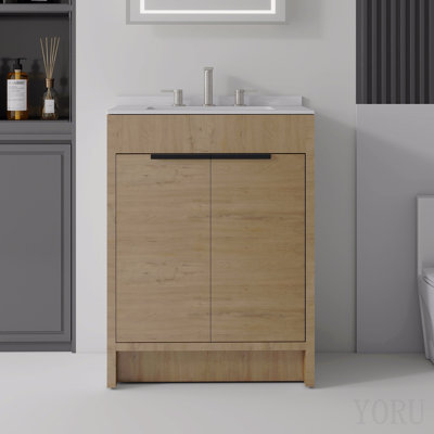 Meuble-lavabo autoportant de 61 cm avec lavabo, porte à fermeture amortie, comptoir et dosseret en marbre synthétique blanc de Carrare de 1,5 cm, contreplaqué et chêne.