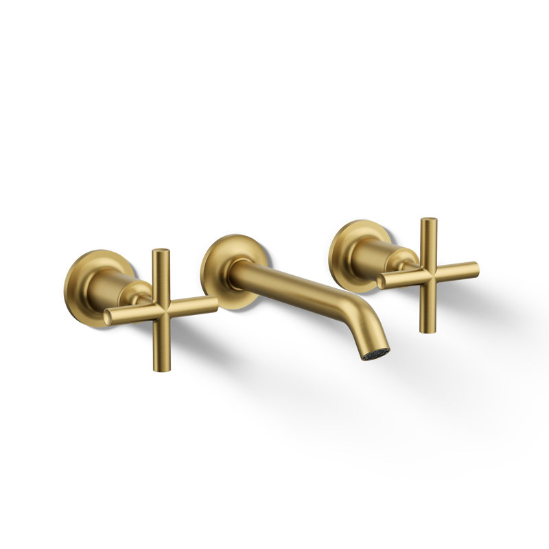 Purist Wall-Mounted Bathroom Faucet, Vibrant Brushed Moderne Brass, Cross Handle
