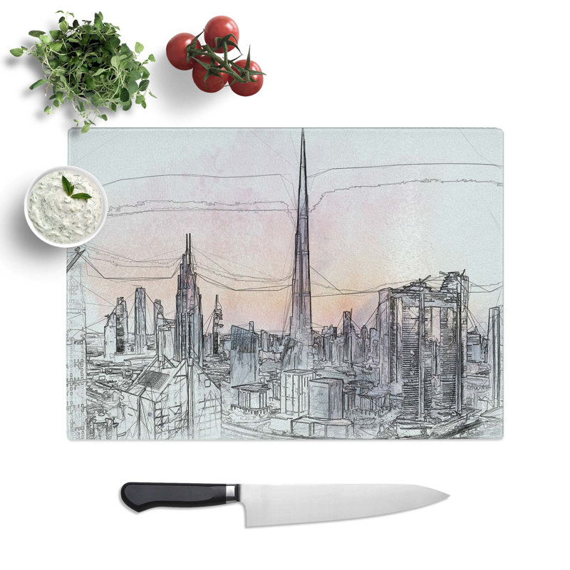 Glass Dubai Skyline in Abstract Chopping Board, 28.5 cm W x 20 cm L