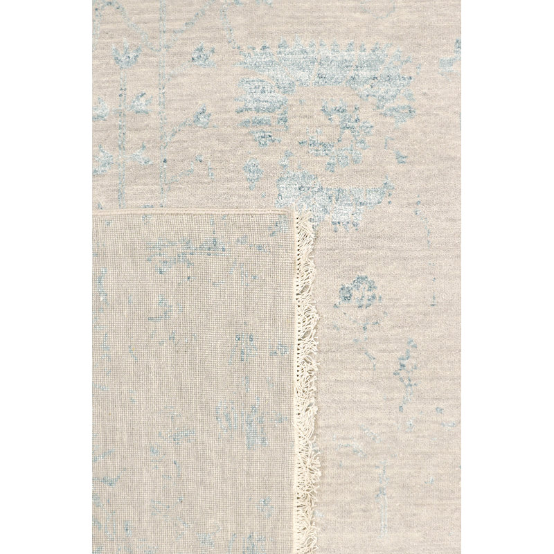 Transitional Abstract Hand-Knotted Rectangle 8'11" x 11'8" Wool/Silk/Rayon From Bamboo Area Rug in Silver/Aqua