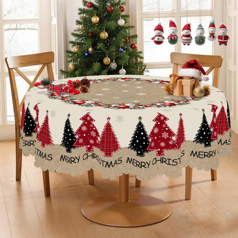 1pc round/rectangular polyester tablecloth, Christmas tablecloth with pine, snowman, truck, embosed edge, Christmas decorations for dining table, festival party holiday table decoration, perfect festival gift