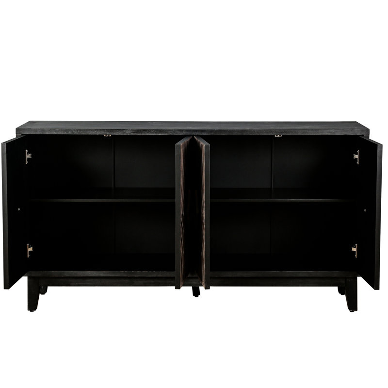Armoire Mid-Century Mid-Century de 60 po pour la salle à manger, 4 portes à motif concave et convexe, 2 tablettes, grand rangement avec pieds en bois massif