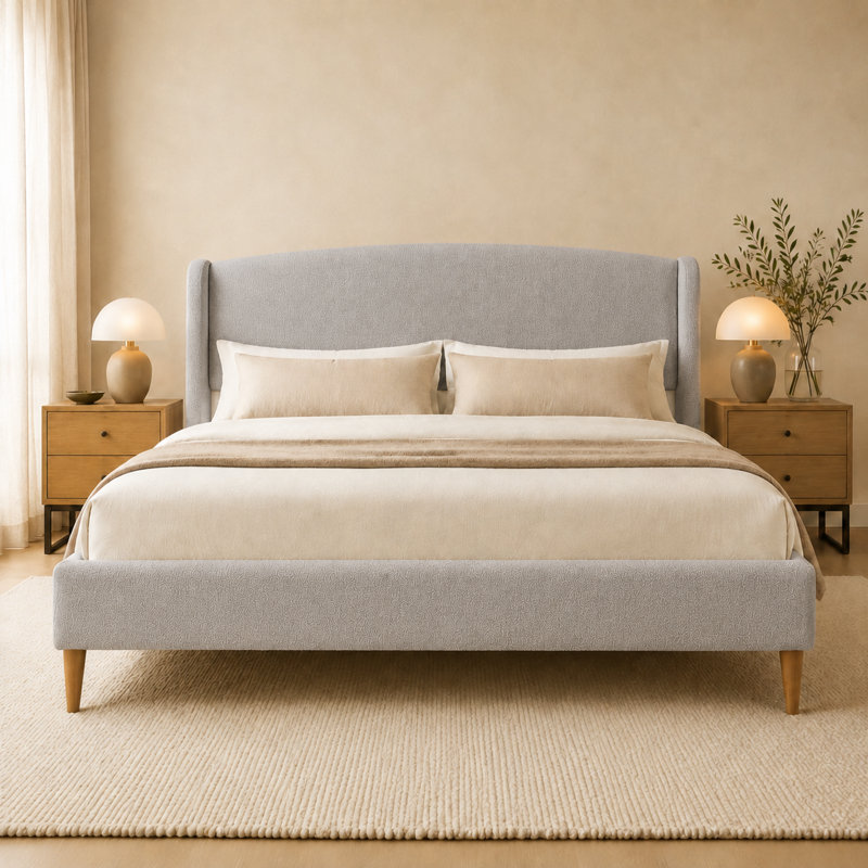  King Size French Retro Wingback Bed Frame, Teddy Fabric Upholstered, Sturdy Slat Support, No Box Spring Needed, Easy Assembly, Light Gray