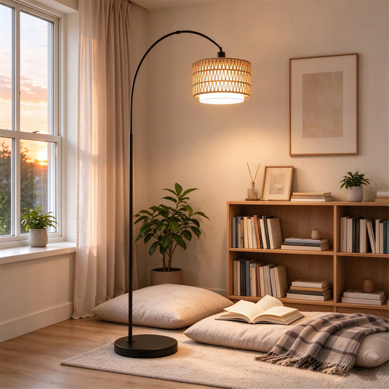 Lampadaire arqué en rotin de 168 cm, hauteur réglable, abat-jour tissé à la main et base en fer noir, style bohème, idéal pour le salon, la chambre ou un coin lecture. Ampoule incluse.
