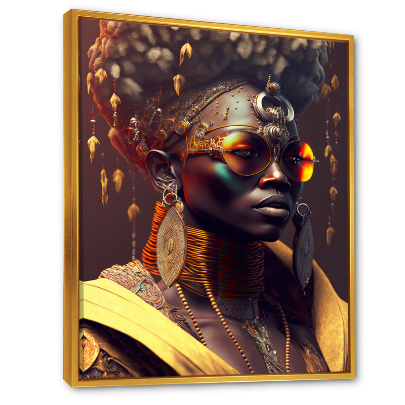 Femme afro-américaine lunettes de soleil Funky Traditiona, H 40 po x l 30 po x P 1,5 po, Cadre flottant doré