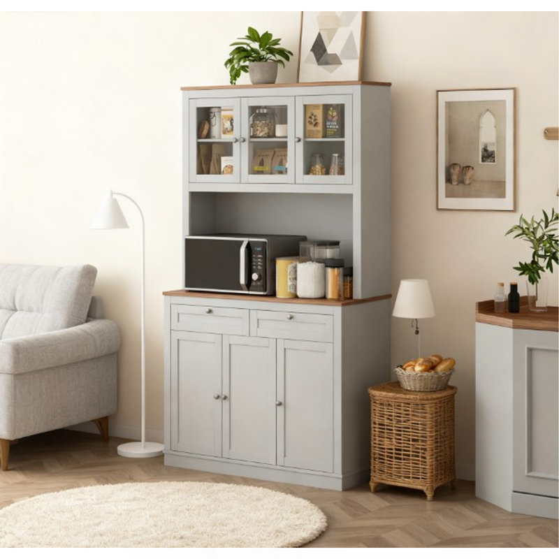 Garde-manger pratique avec armoire, avec support pour micro-ondes, huche de cuisine avec tiroirs et tablettes réglables