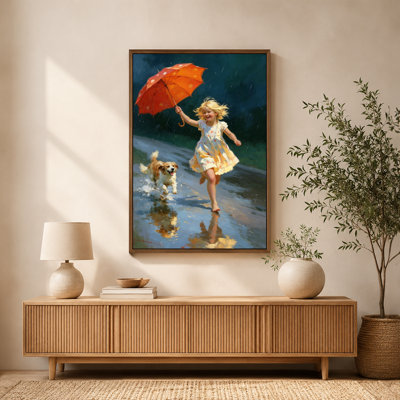 Blonde Girl Running with Dog Rain Orange Umbrella Canvas Wall Art Print with Floating Frame, Ready to Hang