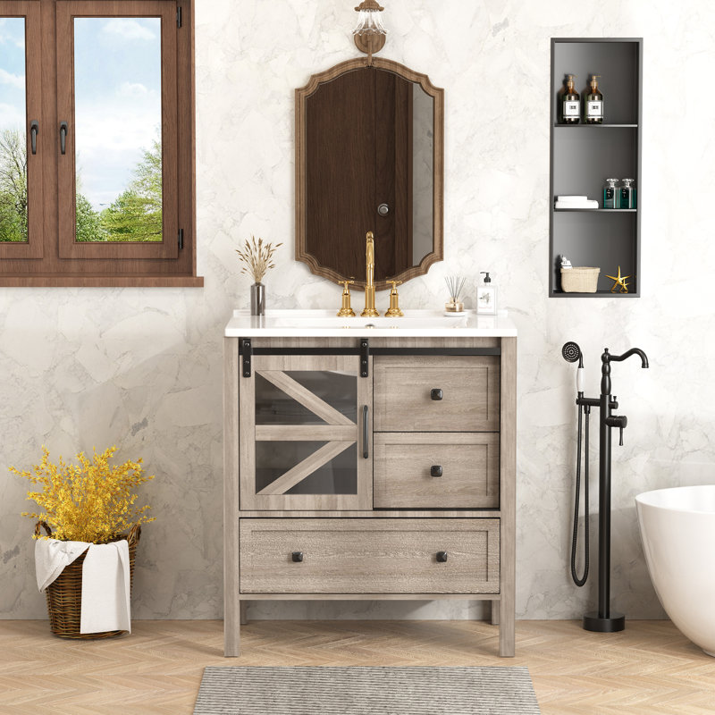 30" Bathroom Vanity With Sink And Barn Door, Rustic Farmhouse Single Vanity Set, Gray