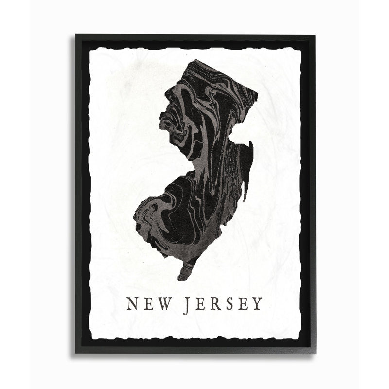 « marbleed paper new jersey state silhouette », impression, H 20 po x l 16 po x P 1,5 po, Giclée encadrée noir minuit
