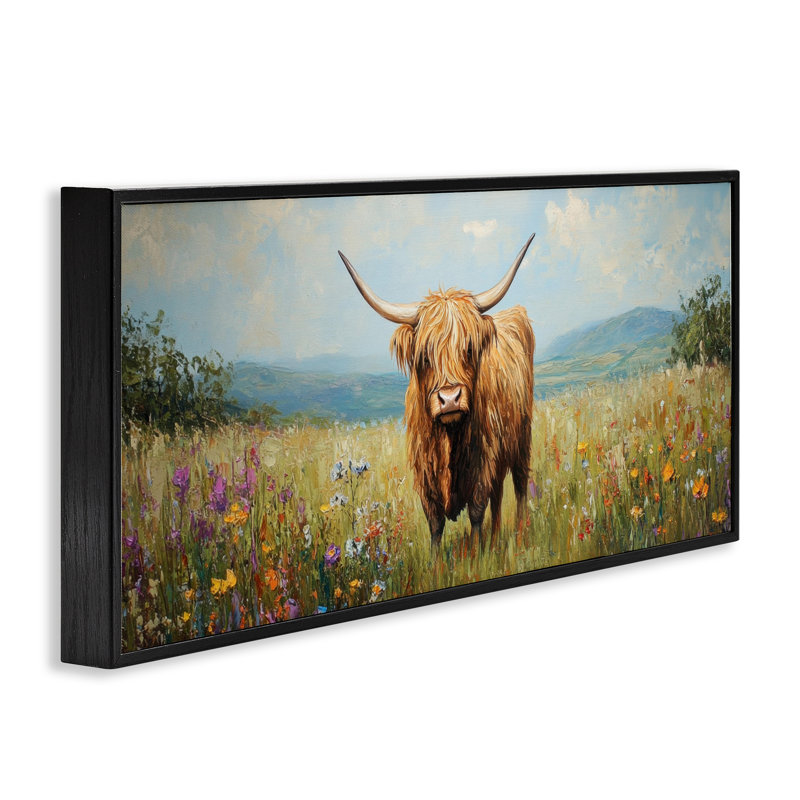 Shaggy Highland Cow Framed Giclee, design by Petal Prints Design, 10" H x 24" W, Midnight Black Framed Giclee