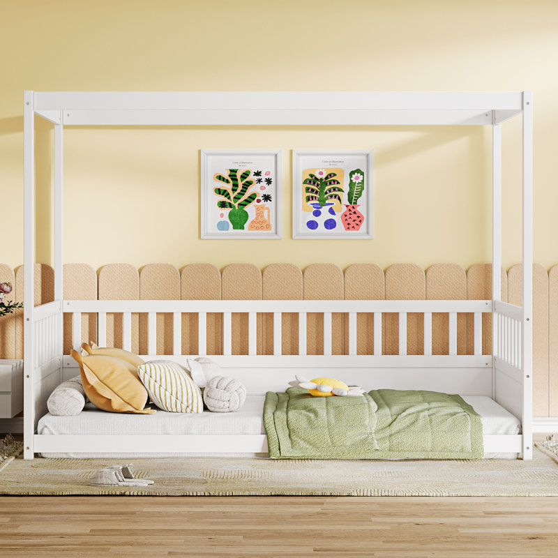 Lit simple à baldaquin en bois avec garde-corps Montessori, Blanc
