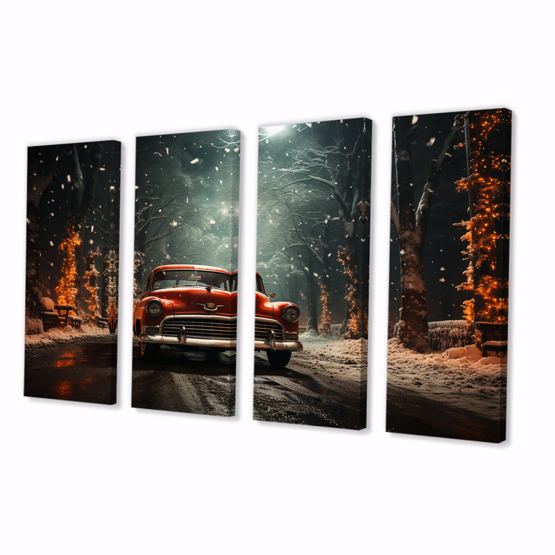 «Red Classic American Car Winter Snow - Car Old American», art mural 4 pièces, H 28 po x l 48 po