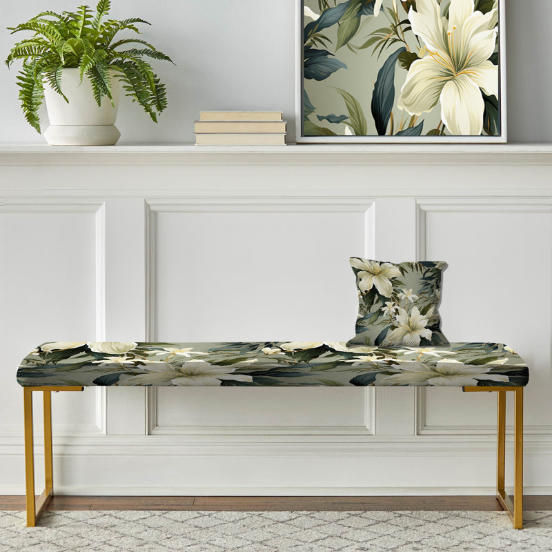Banc floral rembourré or, Neutral Zen Tropical Pattern