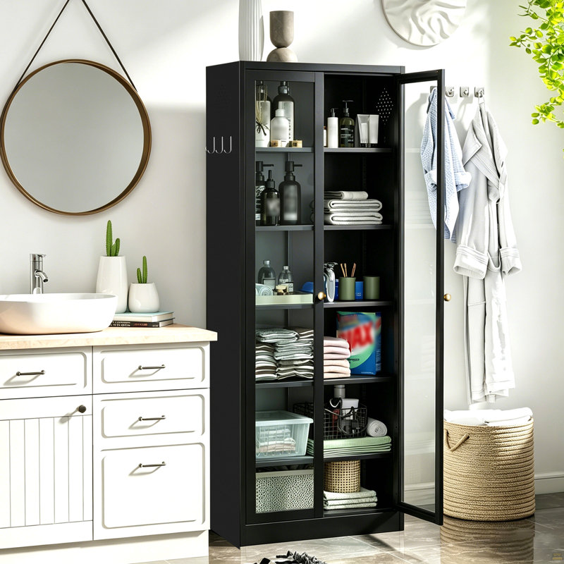 Armoire de cuisine en métal - 72 po de hauteur avec 5 tablettes réglables, armoire autoportante noire pour cuisine / garde-manger / salle de bain