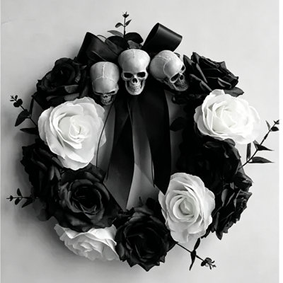 Rattan & Plastic Skull Rose Halloween Wreath With Gothic Black & White Floral Design For Front Door, Haunted House & Horror Party Decor