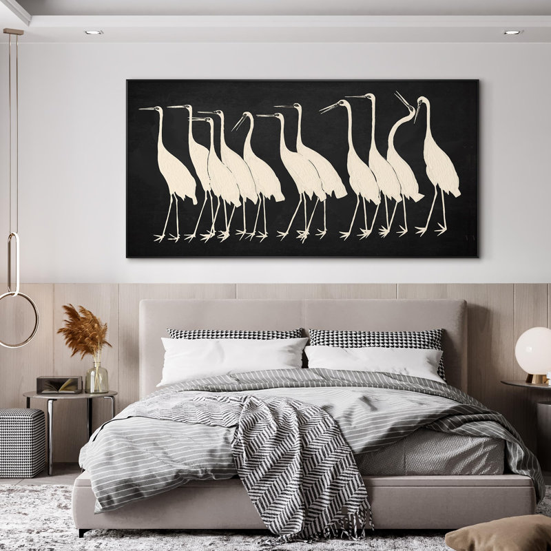Très grande reproduction d'art sur toile - grues beiges minimalistes modernes sur fond sombre, H 24 po x l 46 po