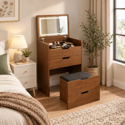 Bureau de coiffeuse 3 en 1 avec miroir à DEL et table d'appoint pliable