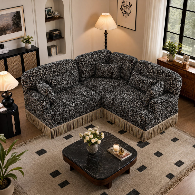 Canapé modulaire à 3 places avec causeuse et canapé d'angle en chenille léopard avec pampilles, Chenille noir kaki