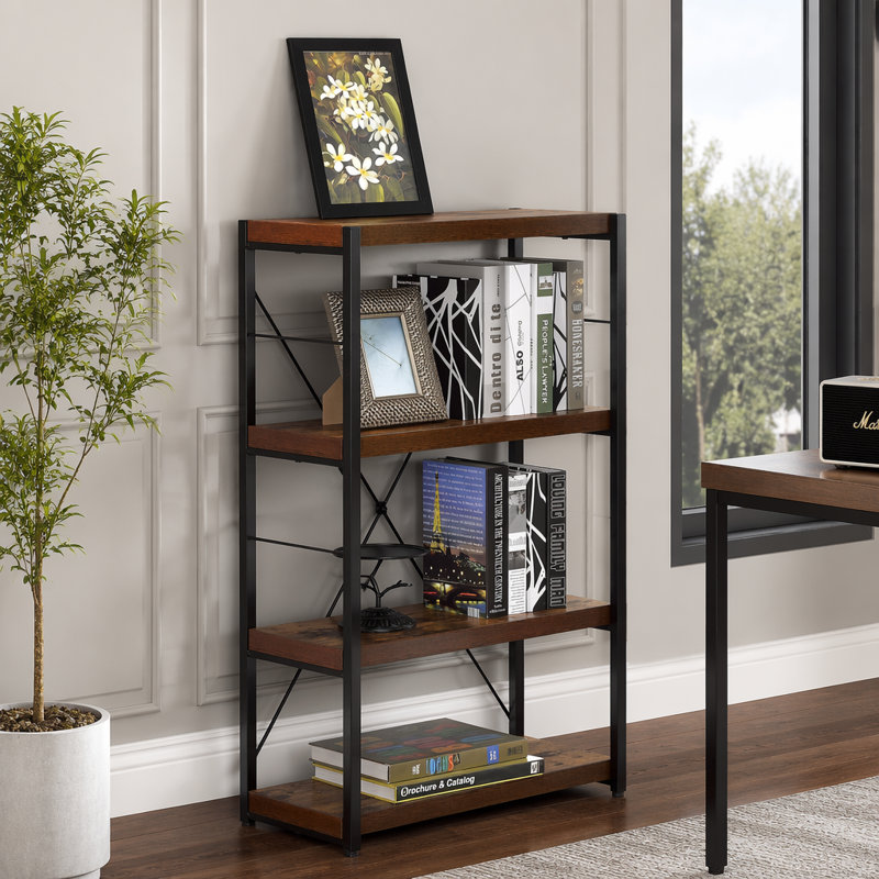 Élégante bibliothèque rectangulaire à 3 compartiments avec dessus patiné et pieds en X en métal, parfaite pour un décor moderne et rustique.