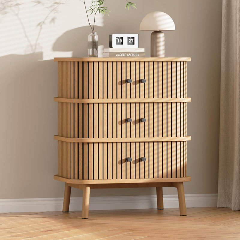 Fluted 3 Drawers Nightstand With Sliding Door