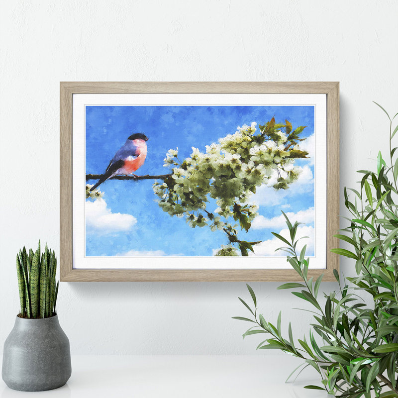 Bullfinch Bird on a Tree - Picture Frame Painting, Oak Framed, 48cm H x 65cm W x 2cm D